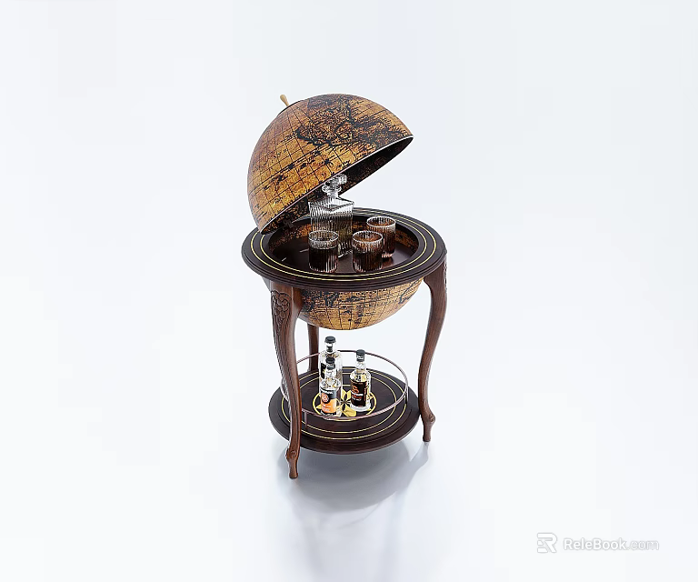 Decorative Globe Bar Ornament Set With Open Top Wine Glasses And Lower Shelf Wine Bottles 3d model 