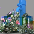 Floral Installation with Blue Pillar Purple Butterflies and Purple White Blooms for Event Decoration