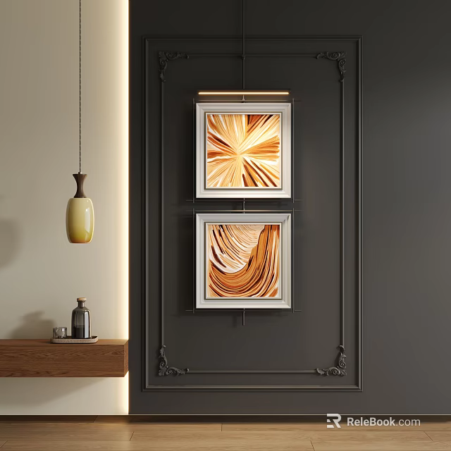 Two White Framed Abstract Paintings Hanging On Dark Wall With Wooden Shelf And Vase 3d model 