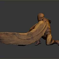 Orange Humanoid Decorative Sculpture With Wings In Crouching Pose On Smooth Surface
