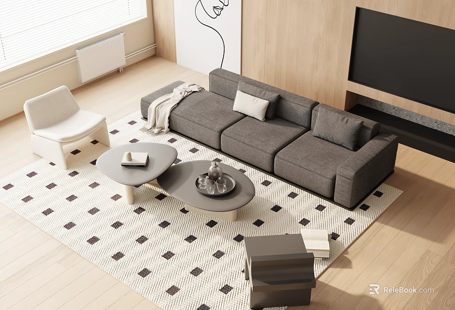 Modern Grey Sofa Coffee Table Combination With Decorative Pillows Throw Blanket And Geometric Rug 3d model 
