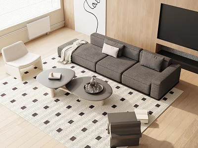 Modern Grey Sofa Coffee Table Combination With Decorative Pillows Throw Blanket And Geometric Rug 3d model
