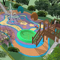 Outdoor Children's Playground With Climbing Structure Slides Colorful Ground And Greenery