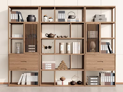 Modern Wooden Bookcase With Open Shelves Drawers Books Tea Sets And Decorative Items 3d model