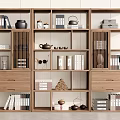 Modern Wooden Bookcase With Open Shelves Drawers Books Tea Sets And Decorative Items