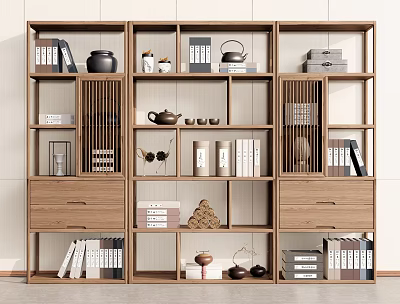 Modern Wooden Bookcase With Open Shelves Drawers Books Tea Sets And Decorative Items 3d model