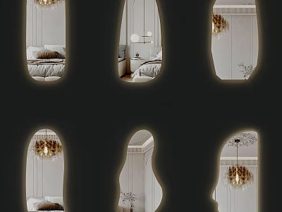 Unique Shaped Decorative Mirrors In Bedroom Interior With Golden Chandeliers And Bed Pillows 3d model