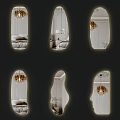 Unique Shaped Decorative Mirrors In Bedroom Interior With Golden Chandeliers And Bed Pillows