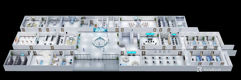 Aerial View Of Modern Interior Layout With Circular Area Desks Green Plants And Digital Screens 3d model 