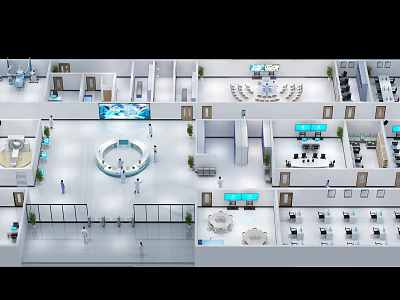 Aerial View Of Modern Interior Layout With Circular Area Desks Green Plants And Digital Screens 3d model