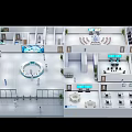 Aerial View Of Modern Interior Layout With Circular Area Desks Green Plants And Digital Screens