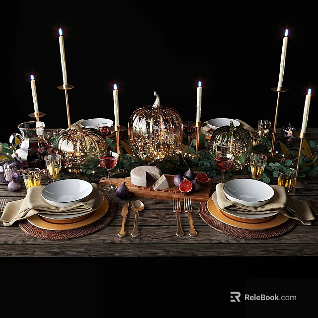 Elegant Dinnerware Set with Pumpkin Candles Wine Glasses Figs Cheese and Eucalyptus for Festive Table 3d model 