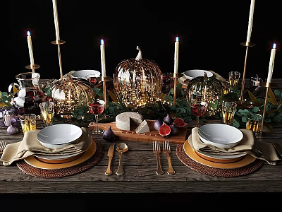 Elegant Dinnerware Set with Pumpkin Candles Wine Glasses Figs Cheese and Eucalyptus for Festive Table 3d model