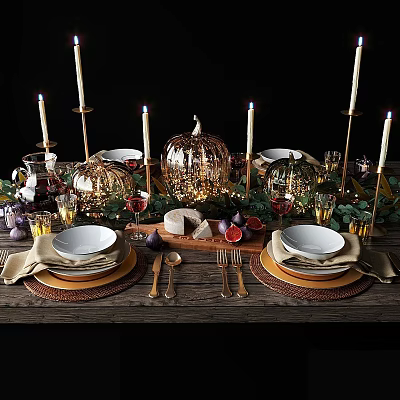 Elegant Dinnerware Set with Pumpkin Candles Wine Glasses Figs Cheese and Eucalyptus for Festive Table 3d model