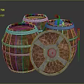 Medieval Wooden Shield With Metal Accents And Barrels In Background