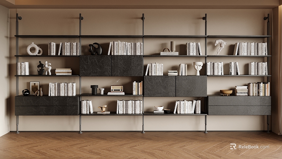 Modern Bookshelf Interior With Multiple Shelves Books Decorative Sculptures Storage Cabinets And Wooden Floor 3d model 
