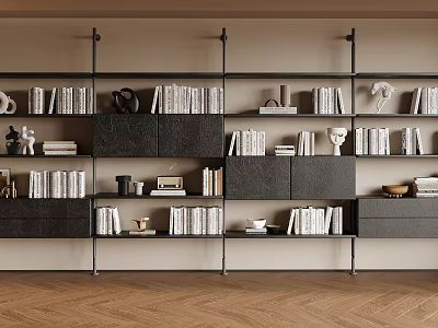 Modern Bookshelf Interior With Multiple Shelves Books Decorative Sculptures Storage Cabinets And Wooden Floor 3d model