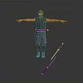 Purple Outfitted Ninja Character 3D Model With Black Vest And Blue Purple Staff