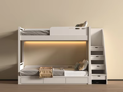 White Modern Bunk Bed With Drawer Stairs Mattress Pillows And Storage 3d model