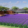 Scenic Park Landscape With Purple Lavender Field Wooden Cabins Trees And Mountains Under Cloudy Sky