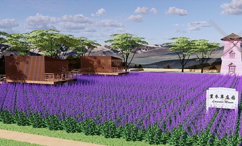 Modern Flower Sea Lavender Flower Field Park Landscape Romantic Flower Sea Internet Celebrity Tourist Attractions Landscape Wooden Plank Road Dutch Cart 3d model