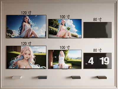 120 Inch 100 Inch 80 Inch TV Screens Displaying Scenic People Content On Wall 3d model