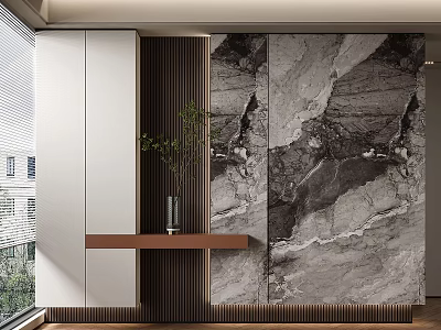Modern Foyer Hallway With White Cabinets Wooden Console Marble Wall And Greenery 3d model