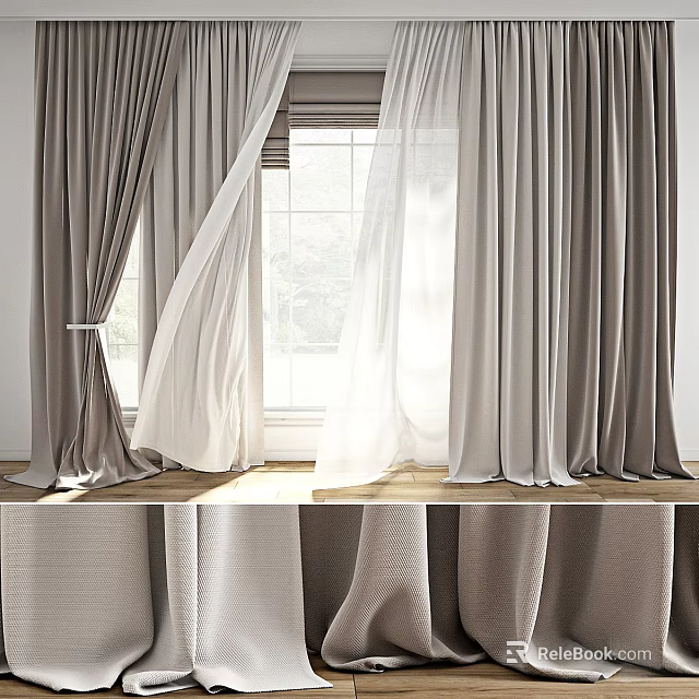 Gray and White Modern Linen Curtains with Sheer Panels and Natural Light Through Large Window 3d model 