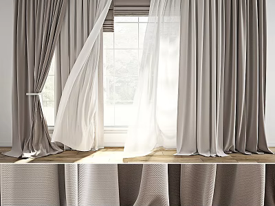 Gray and White Modern Linen Curtains with Sheer Panels and Natural Light Through Large Window 3d model