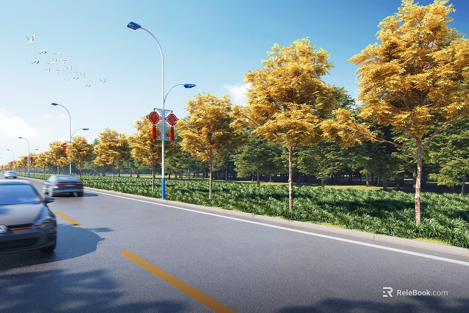 Scenic Roadside Garden Landscape With Yellow Trees Red Lanterns Street Lamps Green Grass And Cars 3d model 