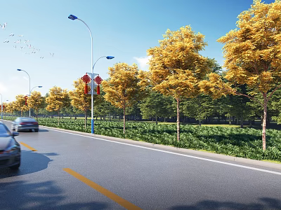 Scenic Roadside Garden Landscape With Yellow Trees Red Lanterns Street Lamps Green Grass And Cars 3d model