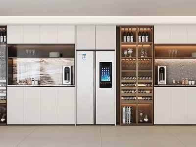 Contemporary Wine Cabinet In Modern Kitchen With Cabinets And Stainless Steel Refrigerator 3d model