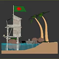 Stilt Wooden House Structure on Small Island with Palm Trees Blue Water and Flag