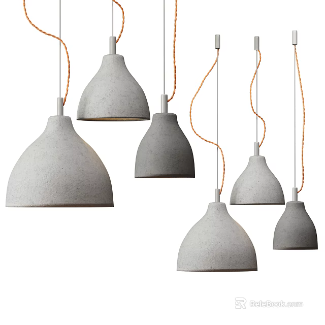 Multiple Gray Concrete Pendant Lights With Orange Cords And Conical Shades 3d model