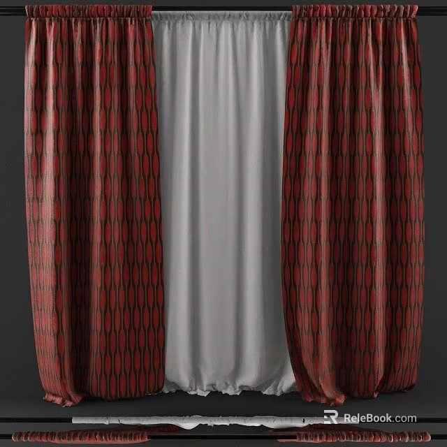 Red Geometric Pattern Curtains With White Sheer Layer For Living Room Decor 3d model