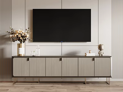 Modern Gray TV Stand With Wall Mounted TV Decorative Vase Books And Striped Wall Panel 3d model