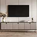 Modern Gray TV Stand With Wall Mounted TV Decorative Vase Books And Striped Wall Panel