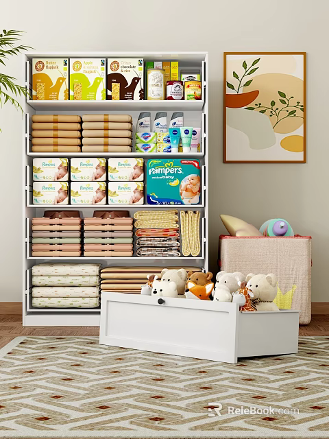 Neatly Organized Storage Shelf with Baby Supplies Towels Fabric Rolls and Stuffed Toys 3d model 
