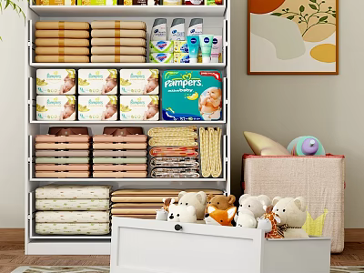 Neatly Organized Storage Shelf with Baby Supplies Towels Fabric Rolls and Stuffed Toys 3d model