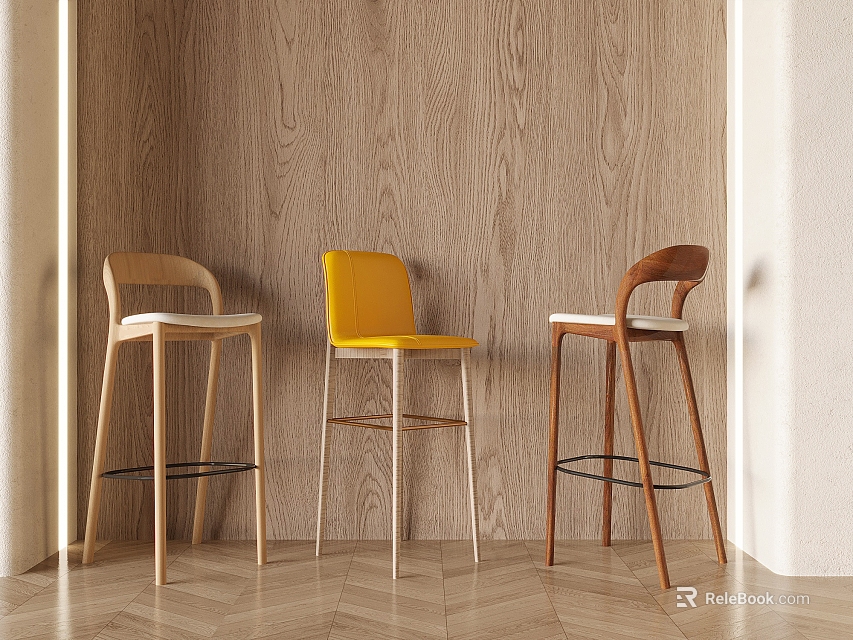 Three Modern Bar Stools Featuring Yellow And Wooden Tones With Wooden Wall And Floor Background 3d model 