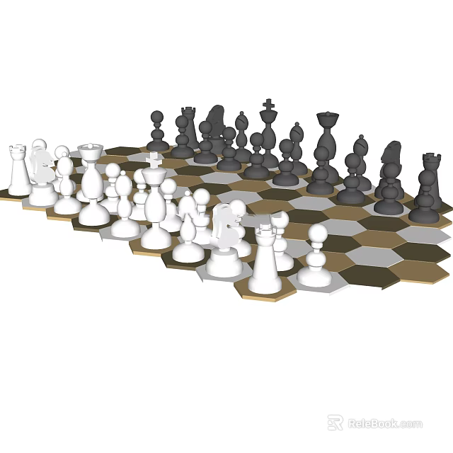 Black And White Chess Pieces Decorative Figurine Set With Hexagonal Chessboard 3d model 
