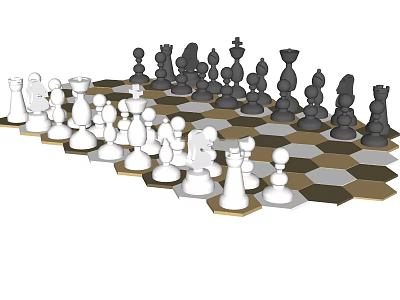 Black And White Chess Pieces Decorative Figurine Set With Hexagonal Chessboard 3d model