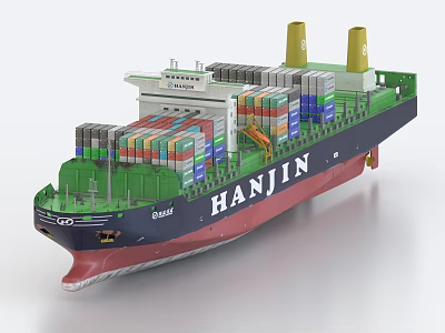 Large Cargo Ship HANJIN With Colorful Containers And Two Chimneys 3d model