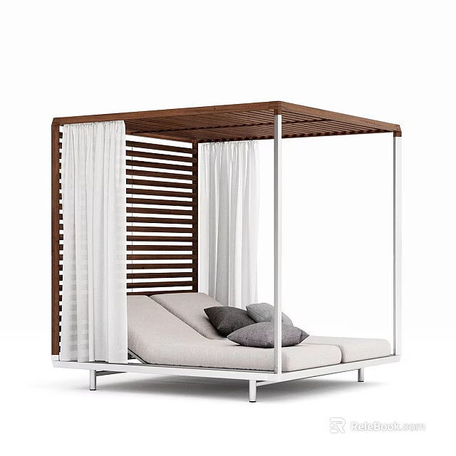 Modern Sofa Bench Featuring Wooden Slatted Canopy White Curtains Light Gray Cushions White Metal Frame 3d model 