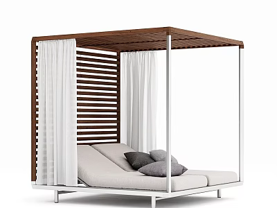 Modern Sofa Bench Featuring Wooden Slatted Canopy White Curtains Light Gray Cushions White Metal Frame 3d model