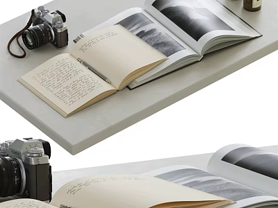 Open Book And Magazine With Black And White Photos Near Camera On White Tabletop 3d model