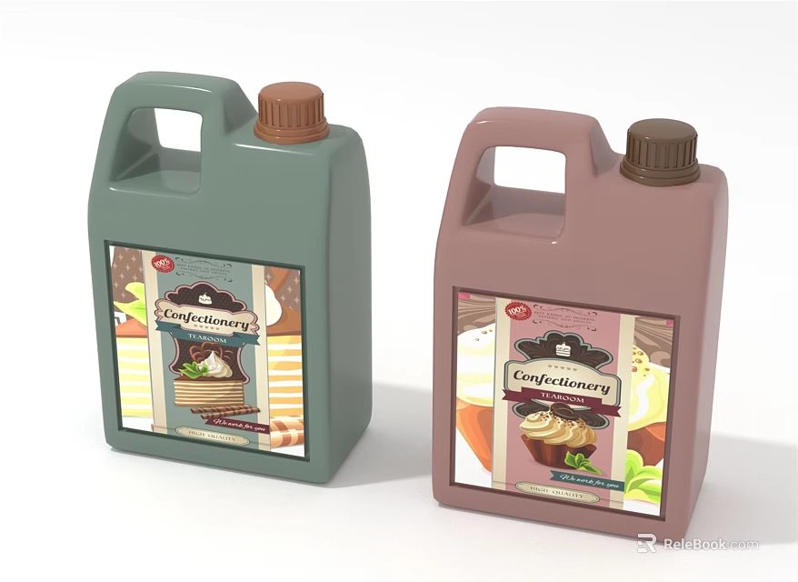Confectionery Food Products in Green and Pink Containers with Dessert Labels 3d model 