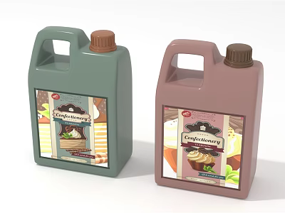 Confectionery Food Products in Green and Pink Containers with Dessert Labels 3d model