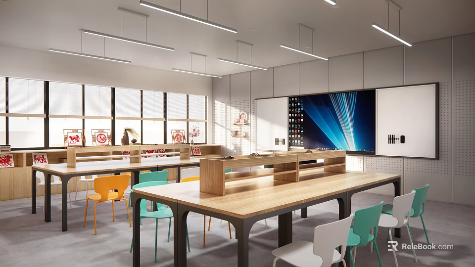 School Modern Classroom With Long Wooden Tables Colorful Chairs And Large Windows 3d model 
