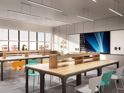 School Modern Classroom With Long Wooden Tables Colorful Chairs And Large Windows 3d model